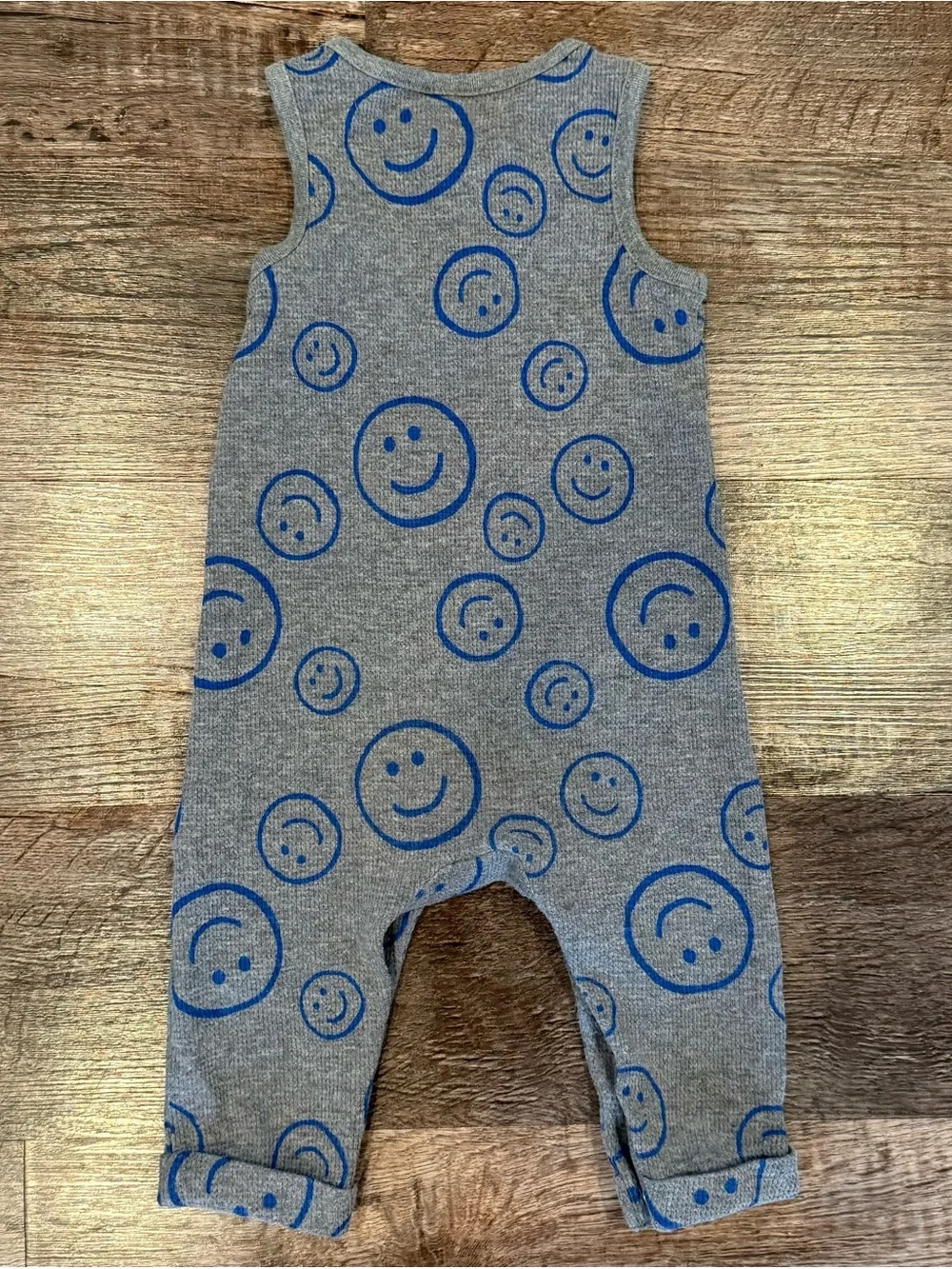 Old Navy Gray Tank Top Romper Blue Smiley Faces All Over Print 6-12 Months